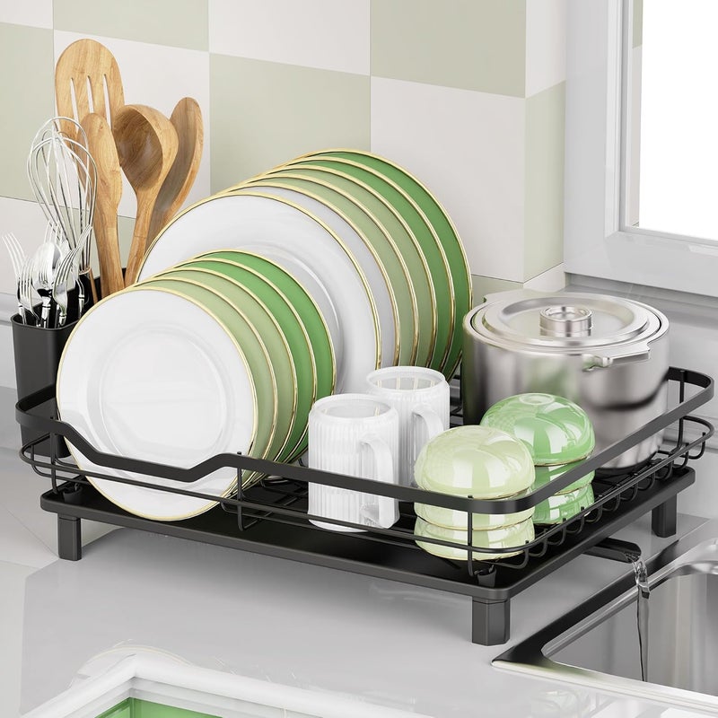 Rottogoon Dish Drying Rack, Stainless Steel Rustproof Dish Rack for Kitchen Counter, Sturdy Dish Drainer with Drainboard, Drainage, Utensil Holder for Various Kitchenware, 16.2"(L) x 12.6"(W), Black - Image 1